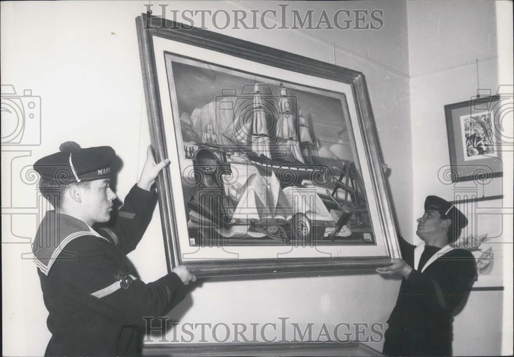 1955 Press Photo Paintings by Artists of the French Navy at Palais Chaillot - Historic Images