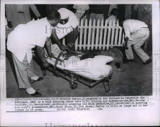 1956 Press Photo Oakland Calif Fred Taylor shooting victims moved to hospital - Historic Images