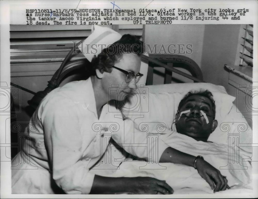 1959 Press Photo Emanuel Giteca being attended to by Nurse Barbara Voss - Historic Images