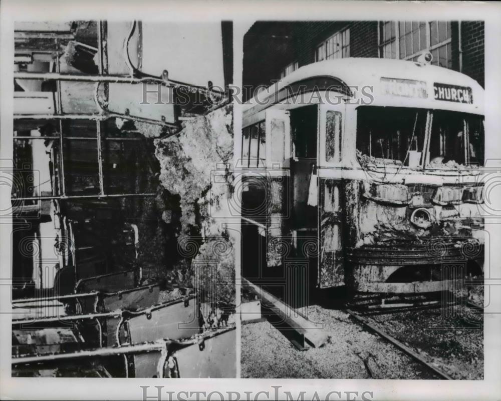 1953 Press Photo Toronto Canada TTC tram smashed &amp; burned in collision with lye - Historic Images