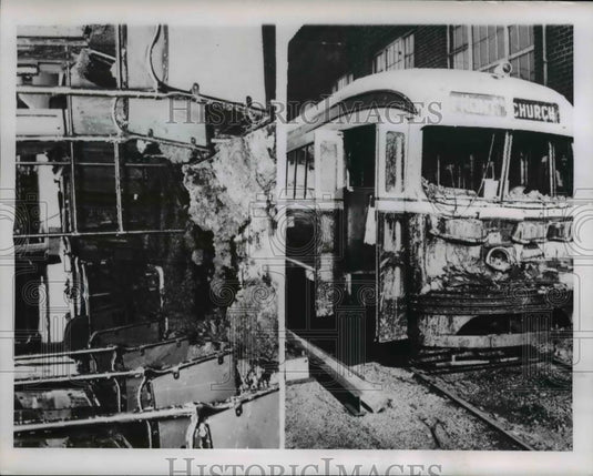 1953 Press Photo Toronto Canada TTC tram smashed & burned in collision with lye - Historic Images