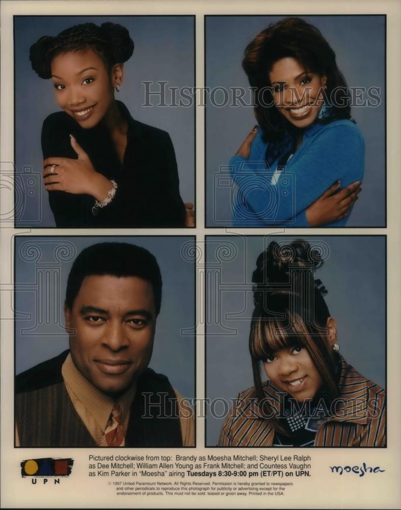 1997 Press Photo Brandy Sheryl Lee Ralph William Allen Young C. Vaughn on Moesha - Historic Images
