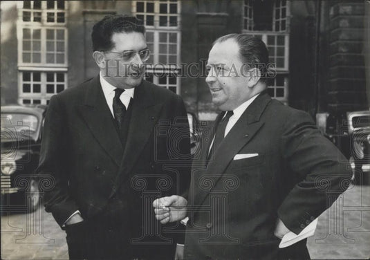 1957 Press Photo French Ministers Robert Lacoste Jacques Soustelle Discuss - Historic Images