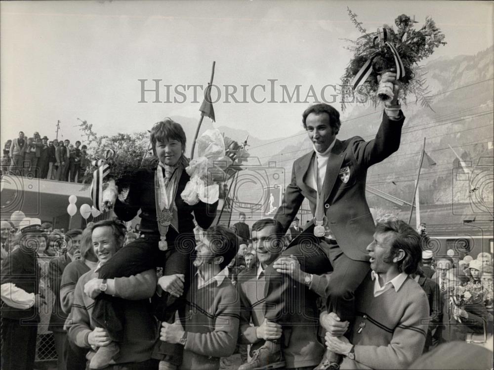 1972 Press Photo Golden Girl Marie T Nadig,&amp; Ed Bruggmann,Siver in Olympics - Historic Images