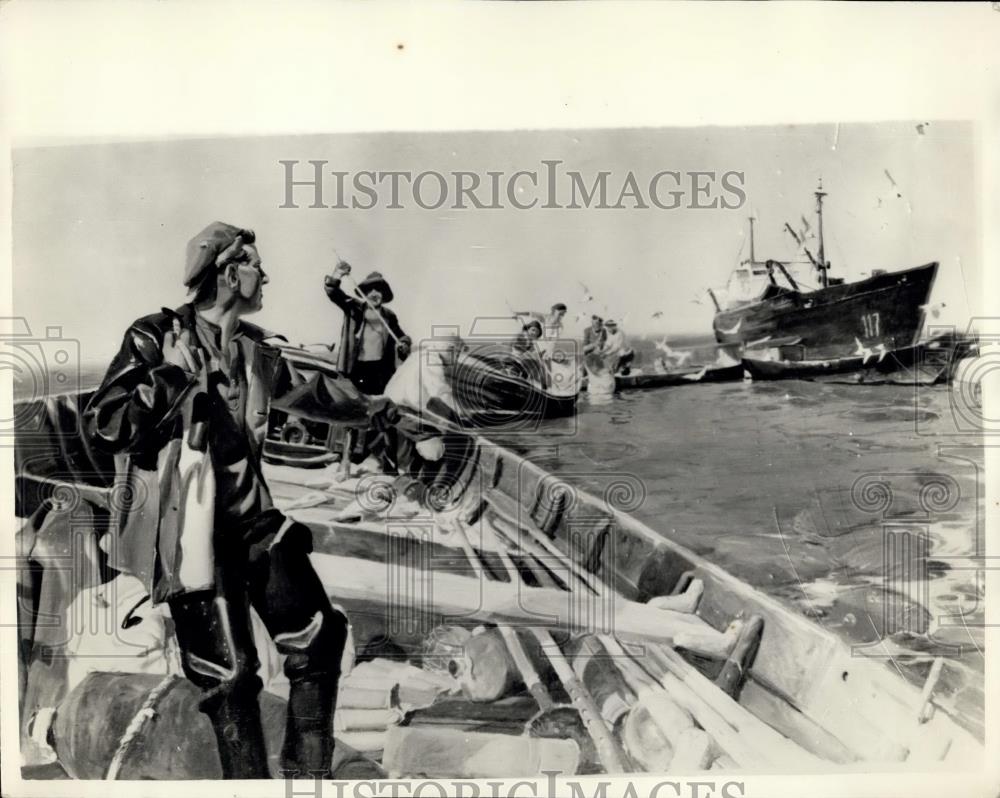 1958 Press Photo Painting By Russian Artist Janis Osis, Latvian Fishermen - Historic Images