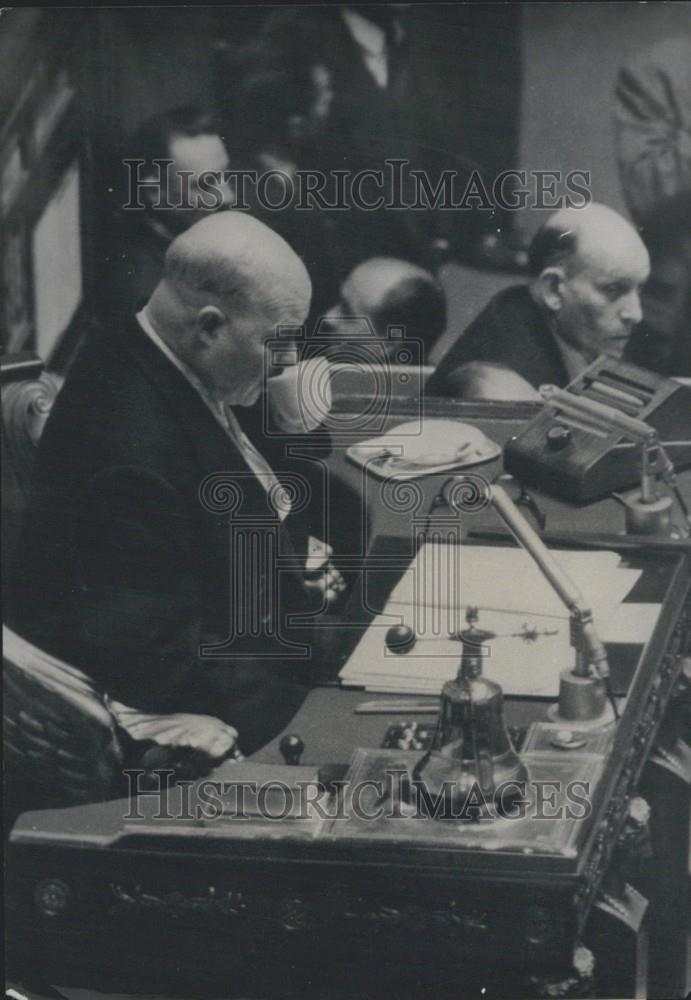 1957 Press Photo Mr. Le Troquer in the National Assembly with His Cup of Tea - Historic Images