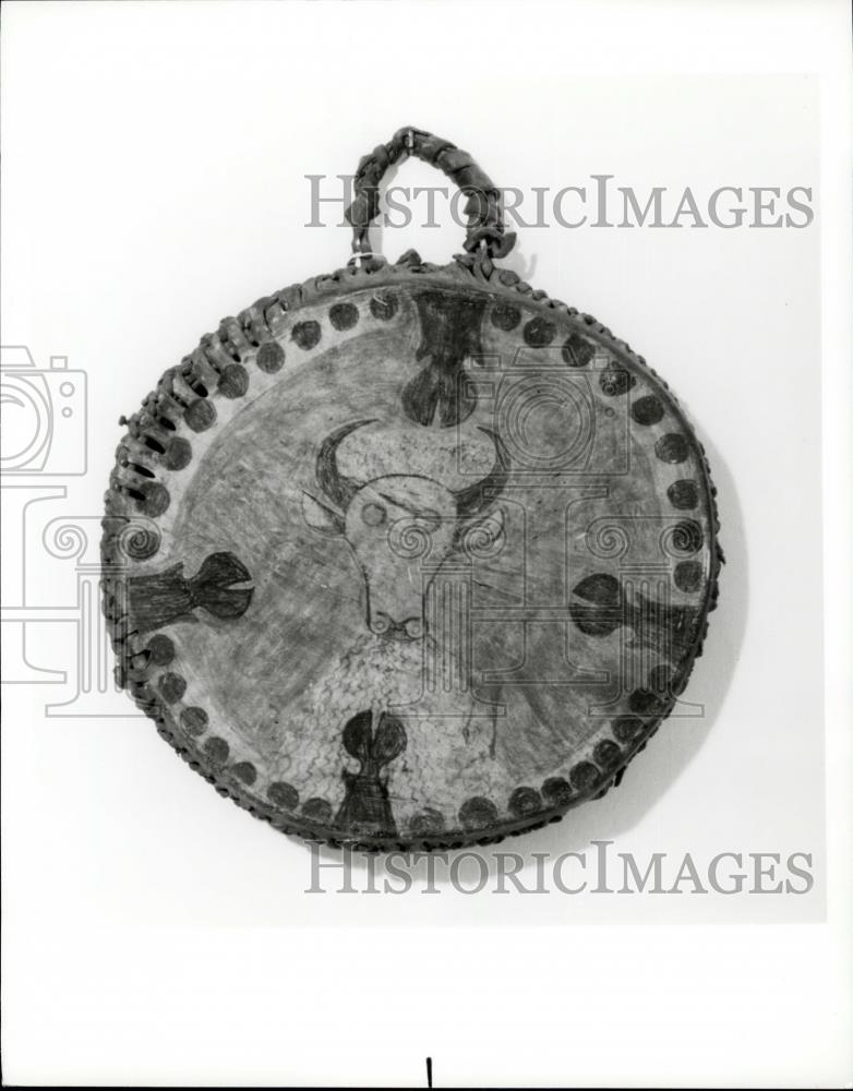 Press Photo Painted drum of the Ute tribe bears a blue and yellow cow&#39;s head an - Historic Images