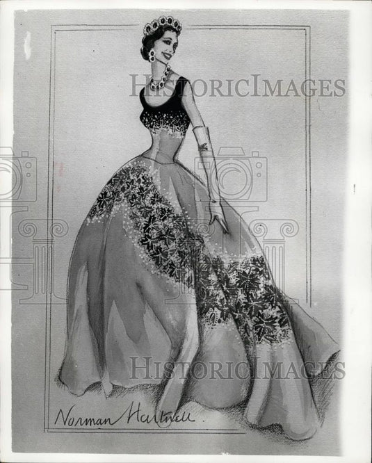 1987 Press Photo Drawings of the Queen's Canadian Gowns - Historic Images