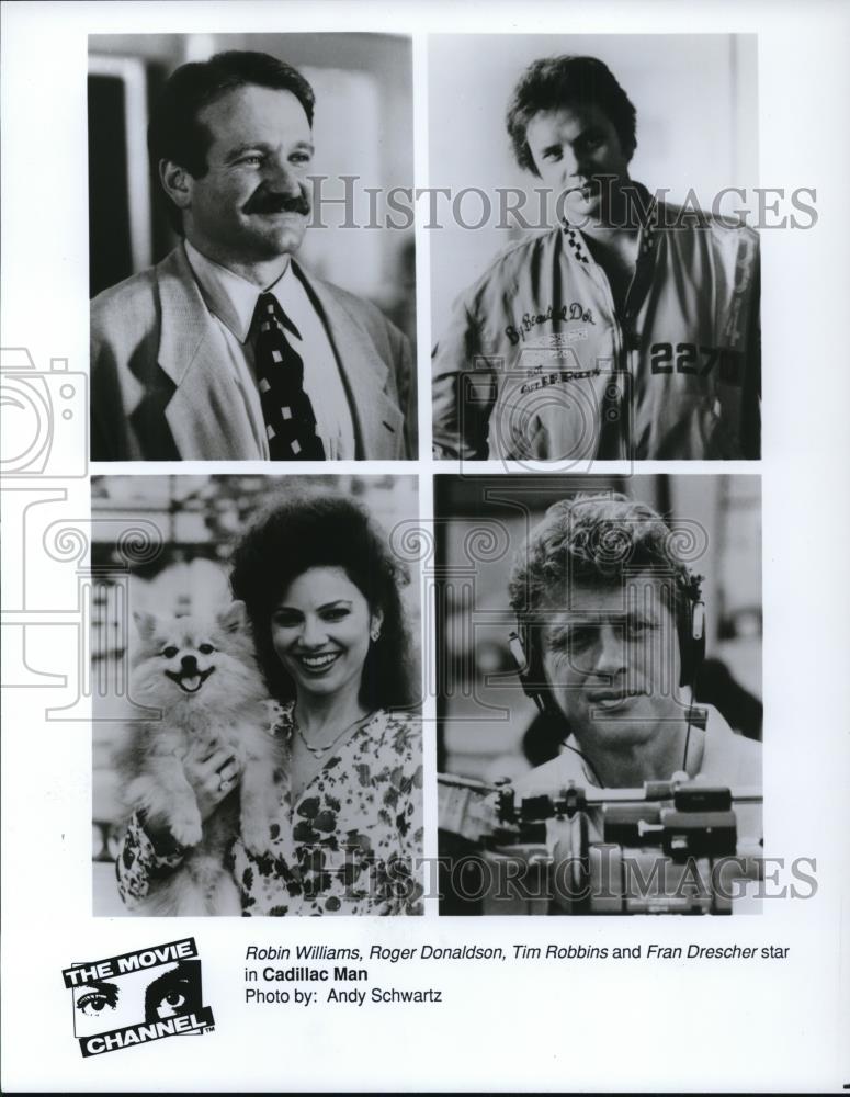 1991 Press Photo Robin Williams, Roger Donaldson, Tim Robbins in Cadillac Man - Historic Images