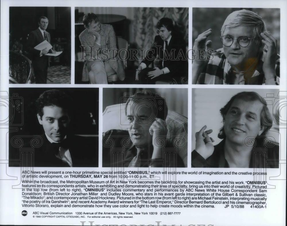 1988 Press Photo Sam Donaldson, Jonathan Miller, Dudley Moore in"Omnibus" - Historic Images