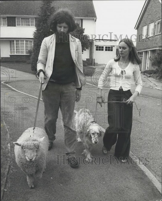 Press Photo Carilyn Oddy walking her dog and sheep on a leash - Historic Images