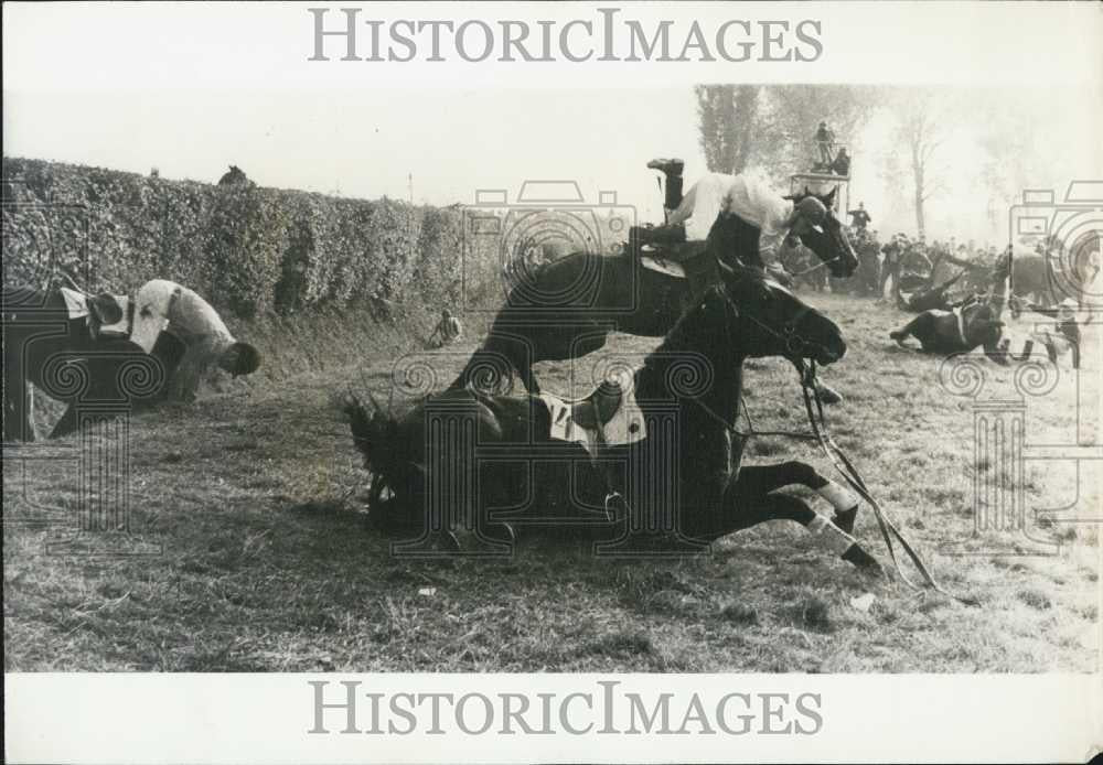 1970 Press Photo Steeplechase race in Prague as rider fall at fence - Historic Images