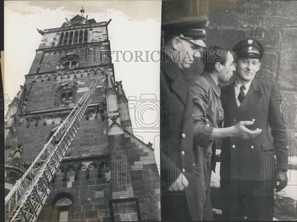 1953 Press Photo Nuremberg mason arrested for climbing St. Lorenz- Church. - Historic Images