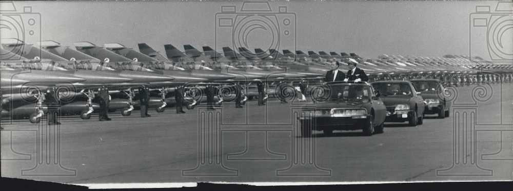 1983 Press Photo Rows of French Army airplanes &amp; Pres. Mitterrand reviewing - Historic Images