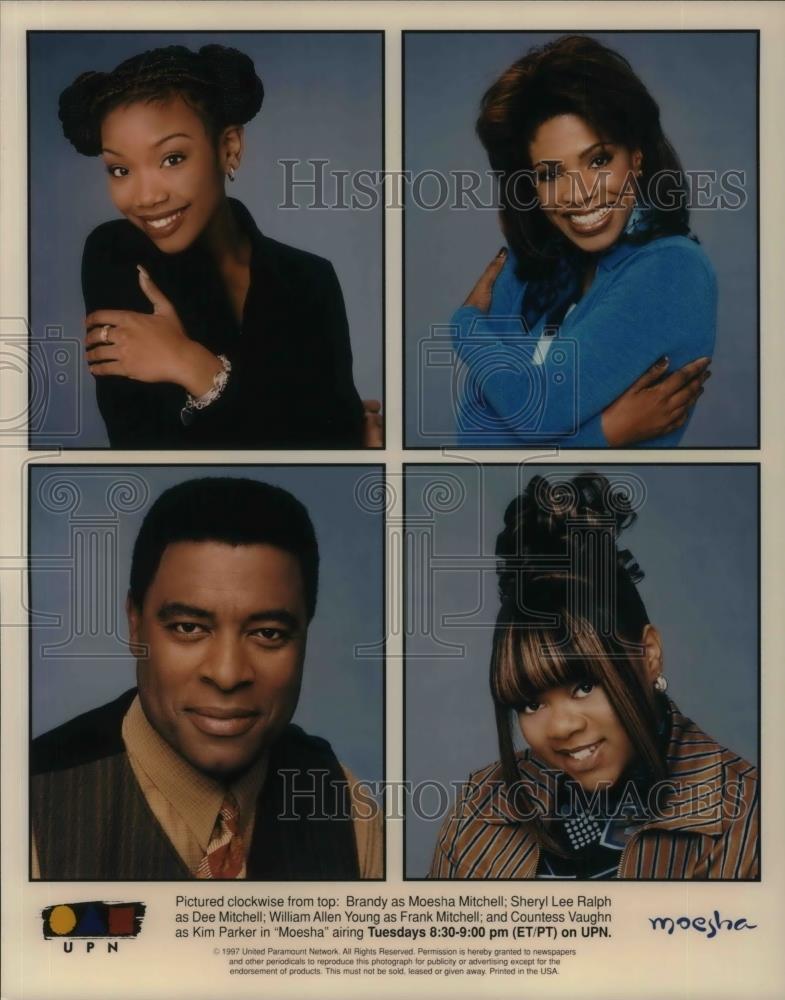 1997 Press Photo Brandy, Sheryl Lee Ralph, William Allen Young on Moesha - Historic Images