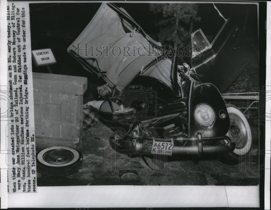 1956 Press Photo of wrecked vehicle that killed one and seriously injured - Historic Images