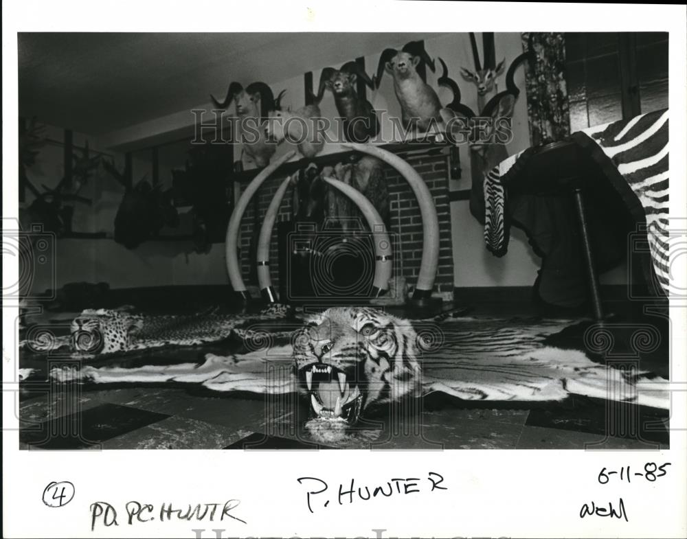 1985 Press Photo Orville K Buckner and animal trophy skins - ora01937 - Historic Images