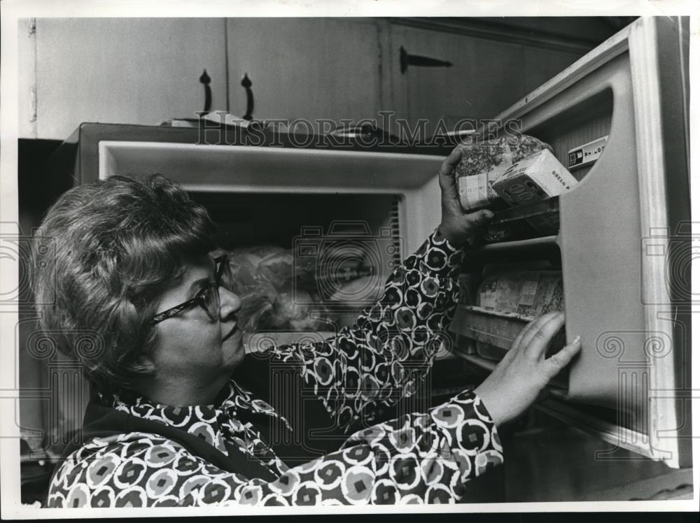 1973 Press Photo Mrs. Lee Brill Putting Package Of Ground Round In Freezer - Historic Images