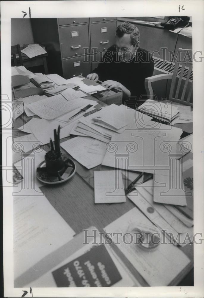1969 Press Photo Cyprian Cooney with many papers on his desk - ora17028 - Historic Images