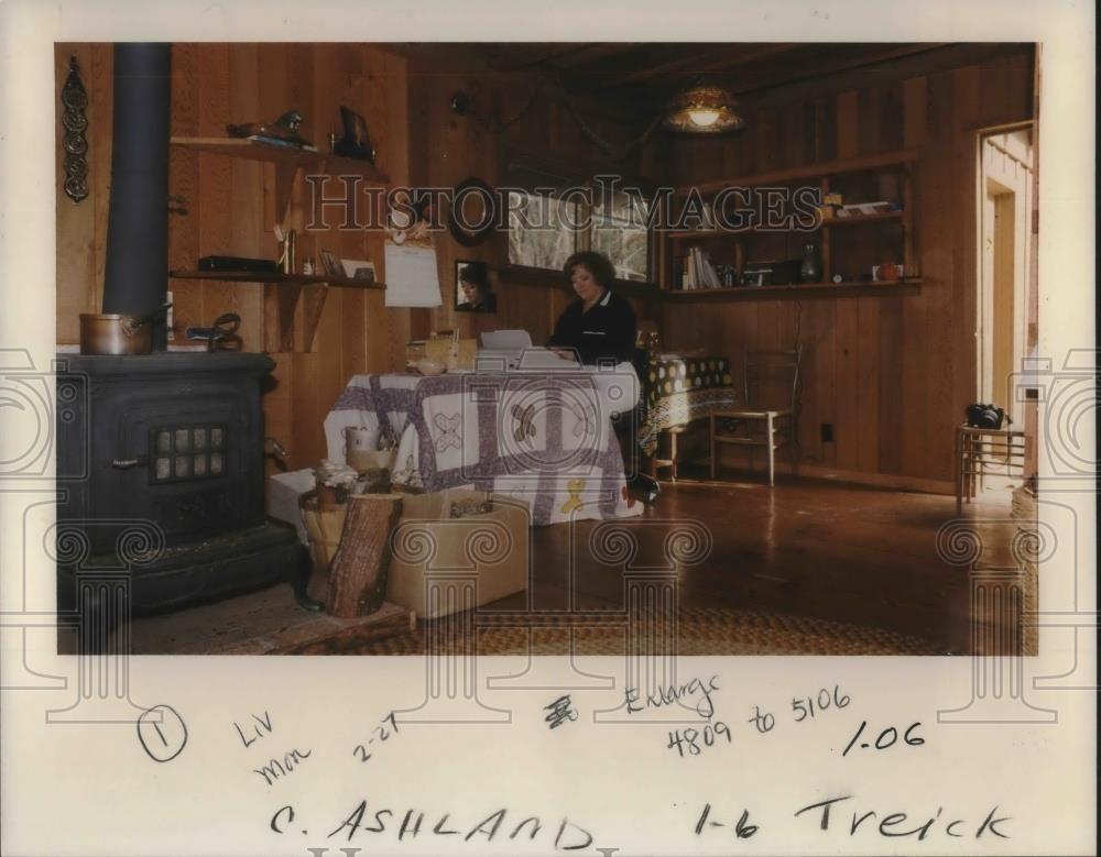 1989 Press Photo Portland writer, Sandra de Helen works on novel in a cozy cabin - Historic Images
