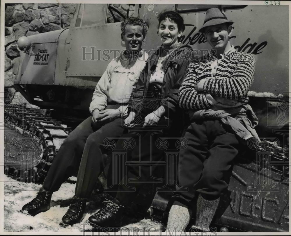 Press Photo Timberline Snow Plow with Three people leaning against it - ora46171 - Historic Images