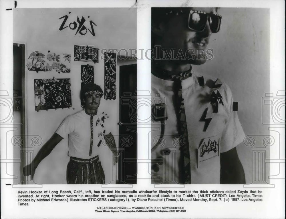 1987 Press Photo Kevin Hooker inventor of Zoyds stickers Long Beach California - Historic Images