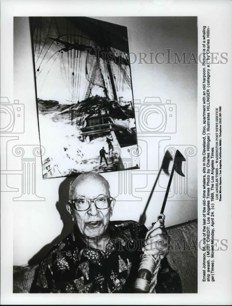 1989 Press Photo Ernest Johnson 86-years-old with an old harpoon - cvp25817 - Historic Images