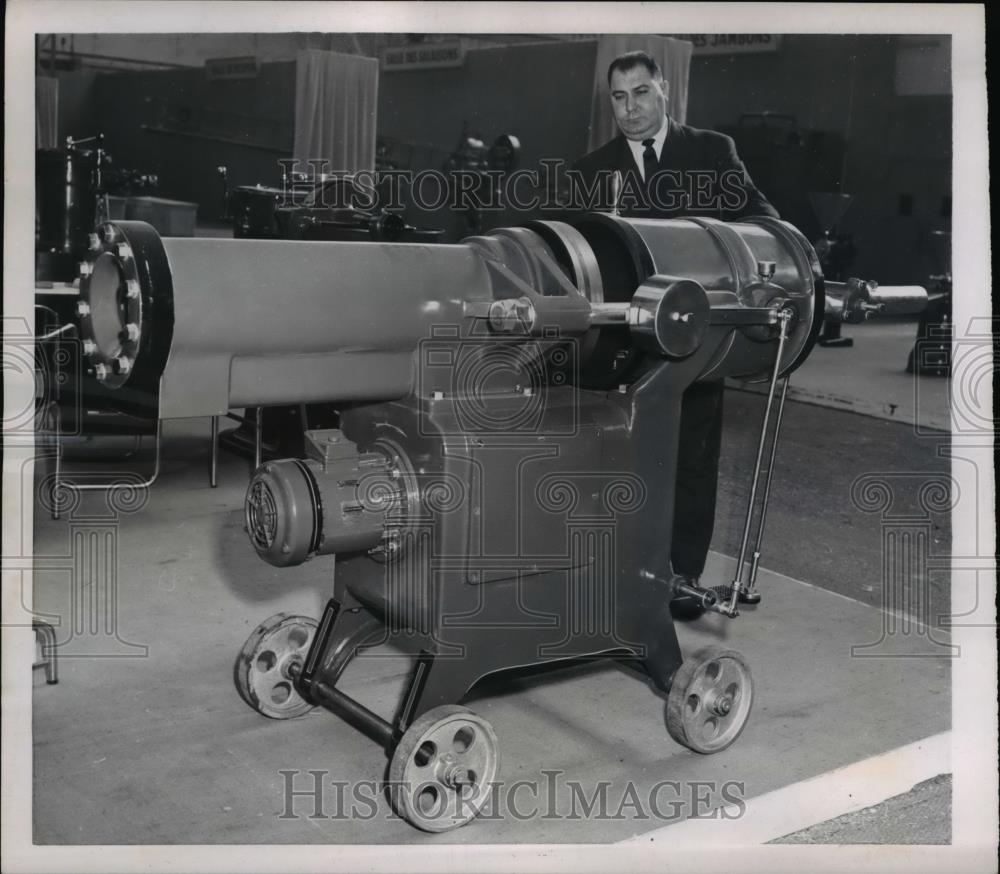 1953 Press Photo High Pressure Sausage Machine  at Paris Food Industry Exp - Historic Images