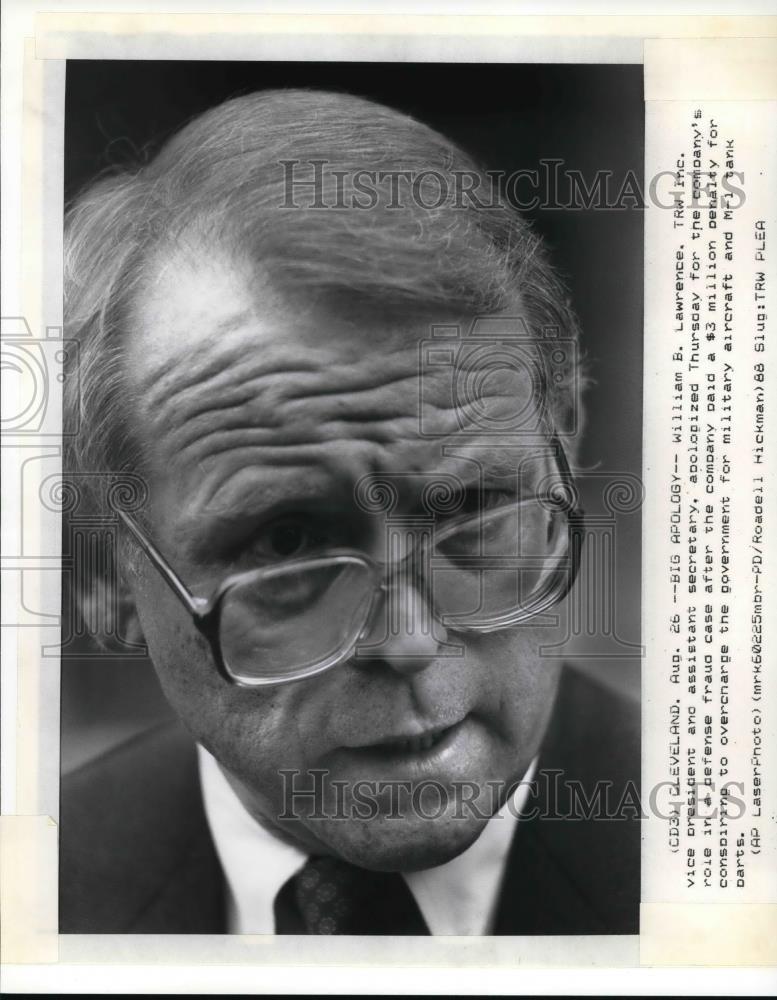 1988 Press Photo William B. Lawrence of TRW Inc Apologizes for Fraud Case - Historic Images