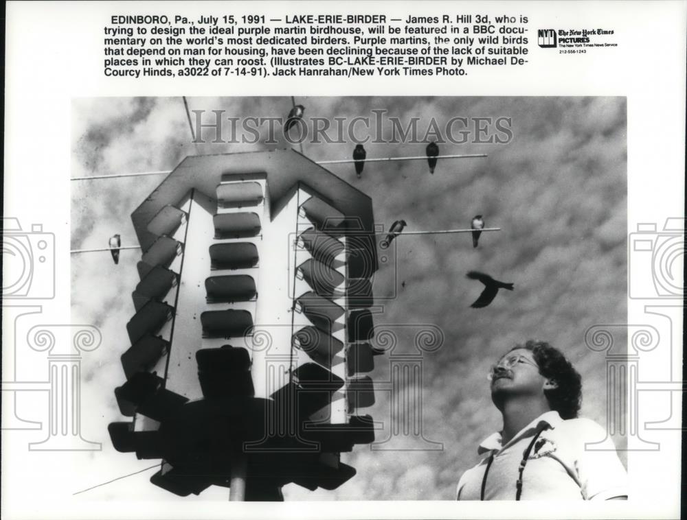 1991 Press Photo James R. Hill 3rd Purple Martin Birdhouse Designer Endinboro - Historic Images