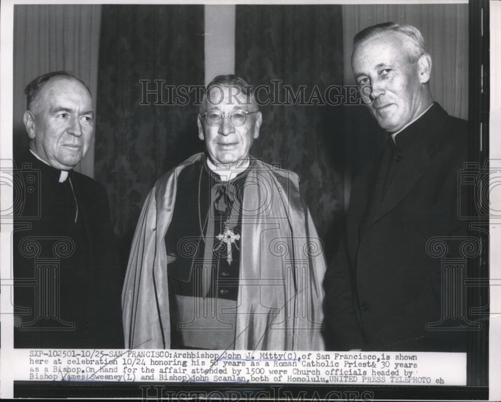 1956 Press Photo Archbishop John J. Mitty, Bishop James Sweeney, Bishop Scanlan - Historic Images