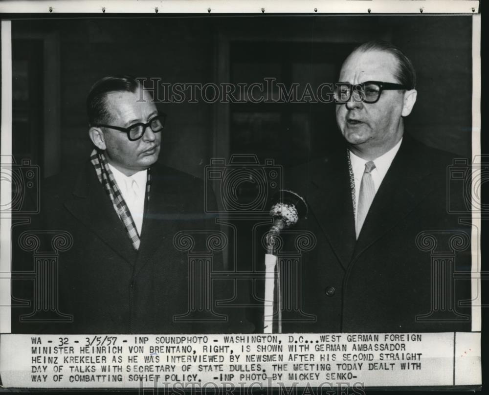 1957 Press Photo West German Foreign Minister Heinrich Von Brentano &amp; H Krekeler - Historic Images