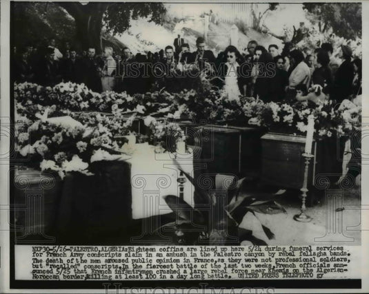 1956 Press Photo Eighteen Coffins at Funeral for French Army Conscripts - Historic Images
