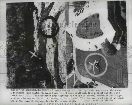 1952 Press Photo Place Where John Alexander A Fisherman Fell Chest Puncture - Historic Images