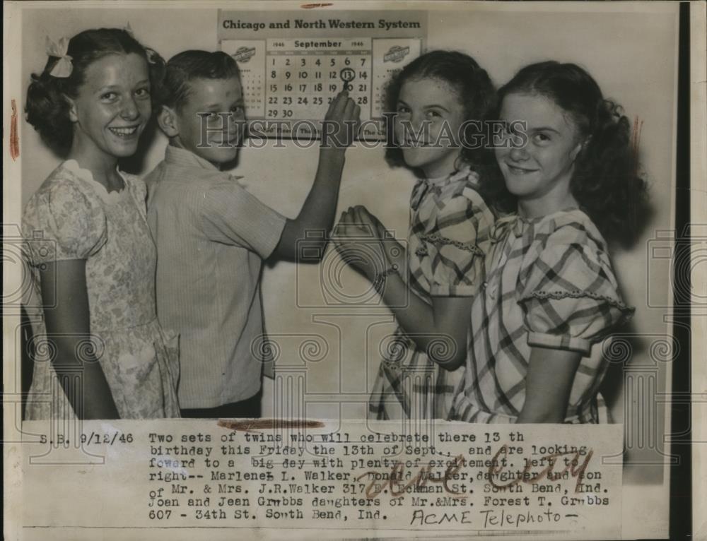 1946 Press Photo Twins Marlene, Don Walker &amp; Joan &amp; Jean Grubbs S Bend Ind - Historic Images