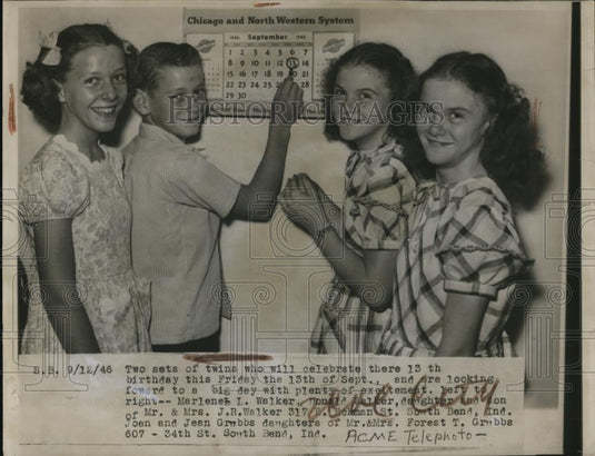 1946 Press Photo Twins Marlene, Don Walker & Joan & Jean Grubbs S Bend Ind - Historic Images
