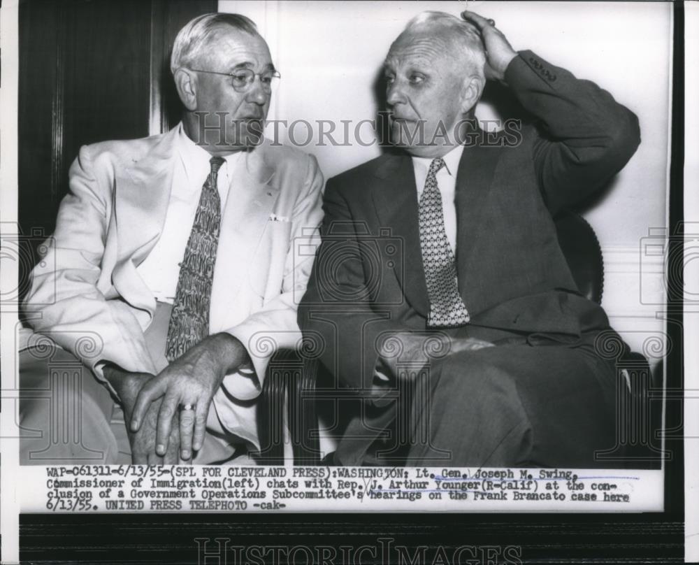 1955 Press Photo Gen. Joseph M. Swing and rep. J. Arthur Younger - Historic Images