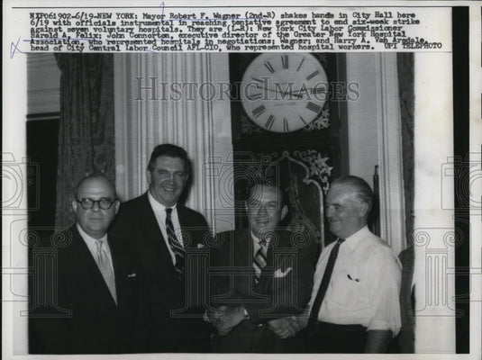 1959 Press Photo New York Mayor Robert Wagner & Hospital Officials End Strike - Historic Images