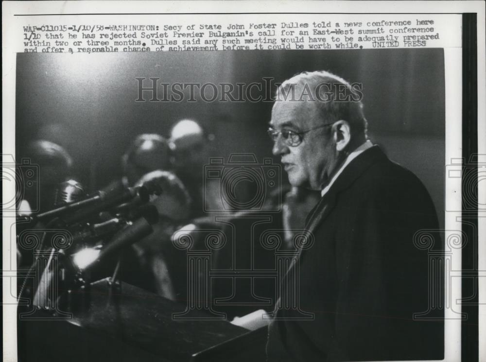 1958 Press Photo Wash DC Sec of State John Foster Dulles on E-W Summitt talks - Historic Images