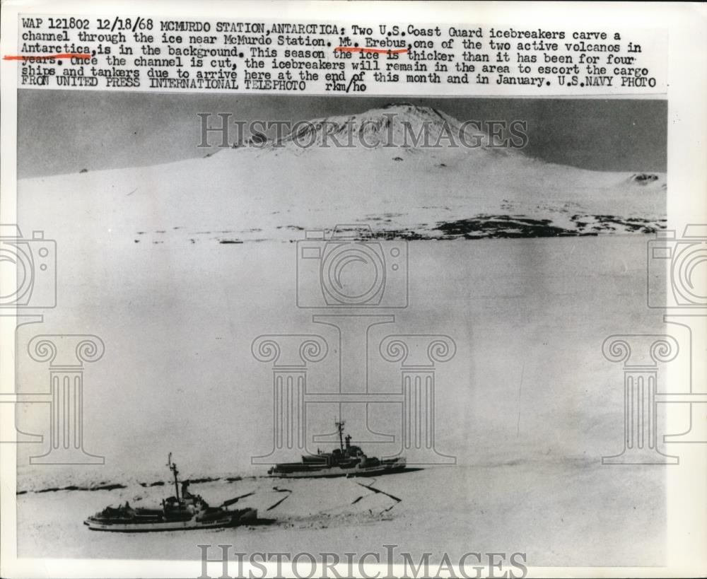 1968 Press Photo Two Coast Guard Icebreakers Carve Channel Near McMurdo Station - Historic Images