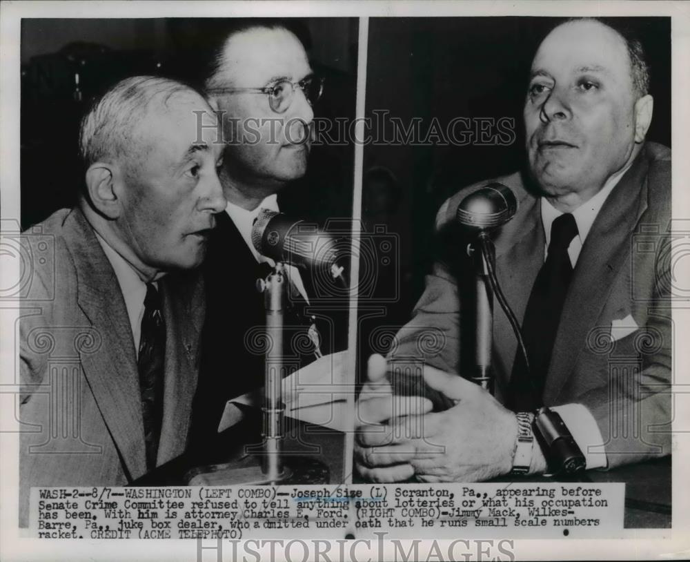 1951 Press Photo Joseph Size before senate crime committee refuses to talk - Historic Images