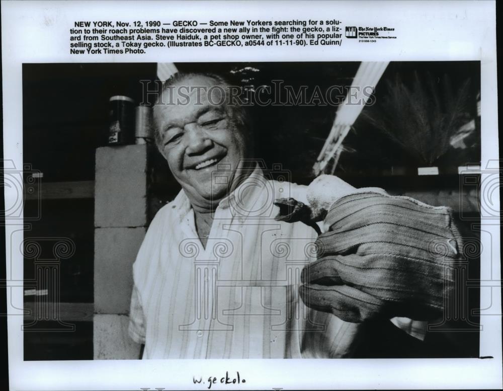 1990 Press Photo Steve Haiduk a pet shop owner with a Tokay gecko - Historic Images