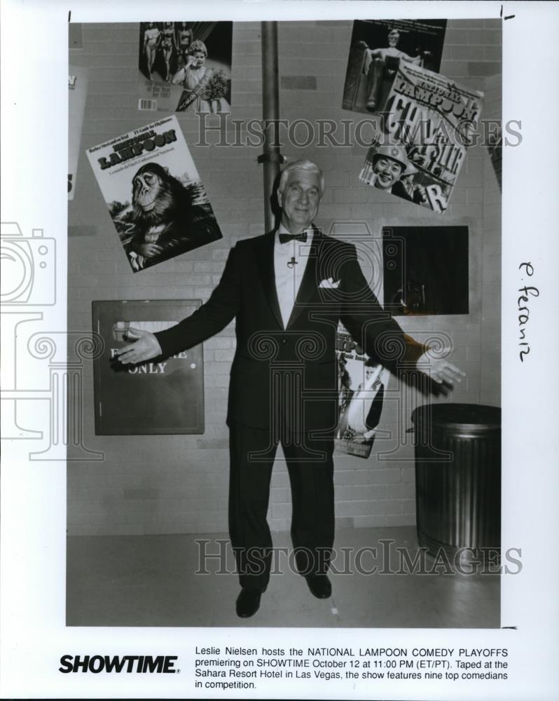 1990 Press Photo Leslie Nielsen on National Lampoon Comedy Playoffs - cvp41309 - Historic Images