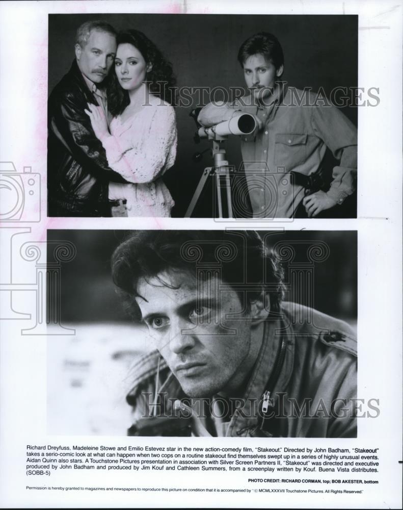 1987 Press Photo Richard Dreyfuss, Aidan Quinn, Madeleine Stowe in Stake Out - Historic Images