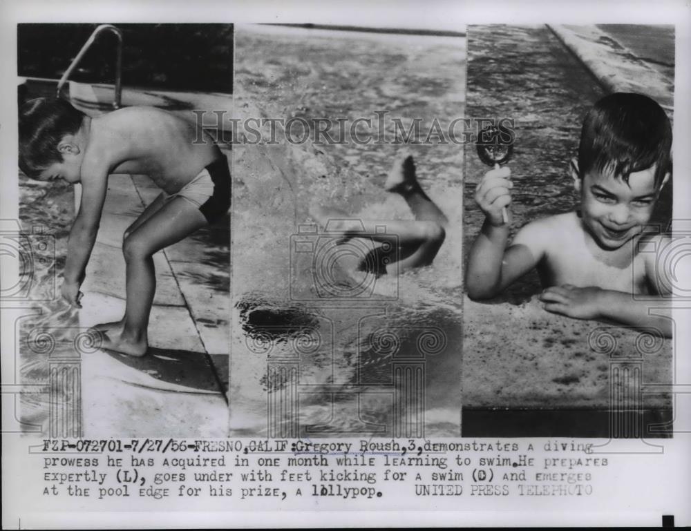 1956 Press Photo Gregory Roush Age 5 Diving &amp; Swimming - Historic Images