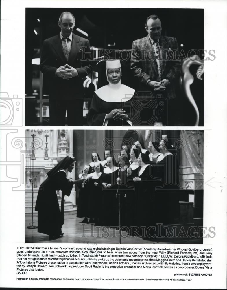 1992 Press Photo Whoopi Goldberg Richard Portnow Robert Miranda in Sister Act - Historic Images