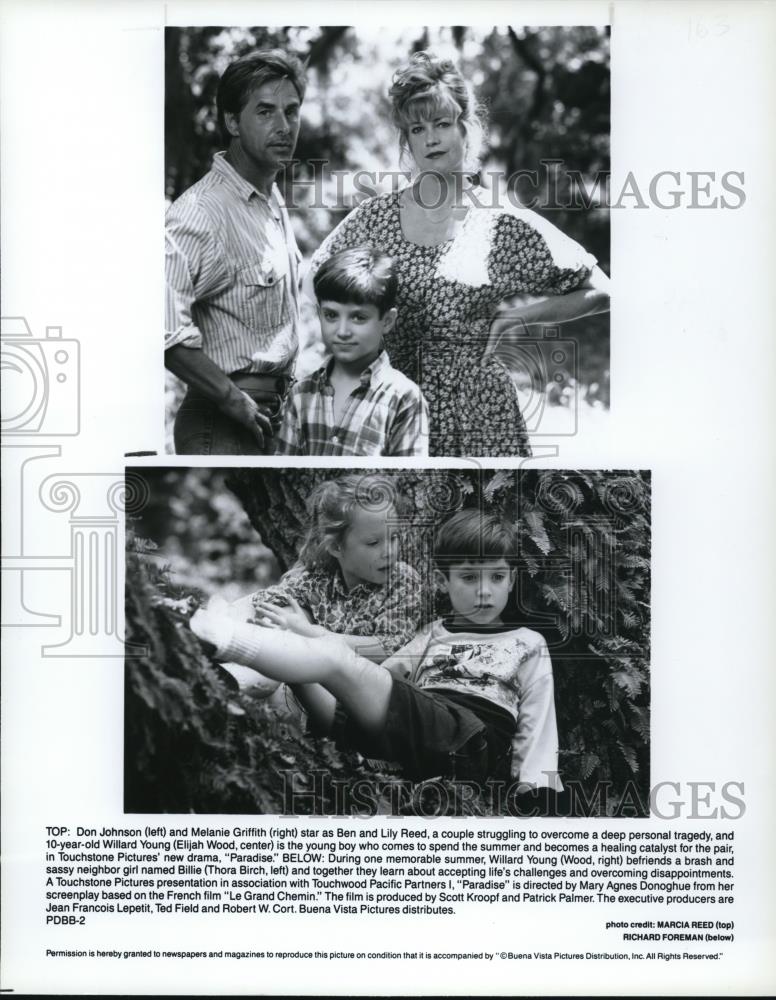 1991 Press Photo Don Johnson, Melanie Griffith & Elijah Wood in Paradise - Historic Images