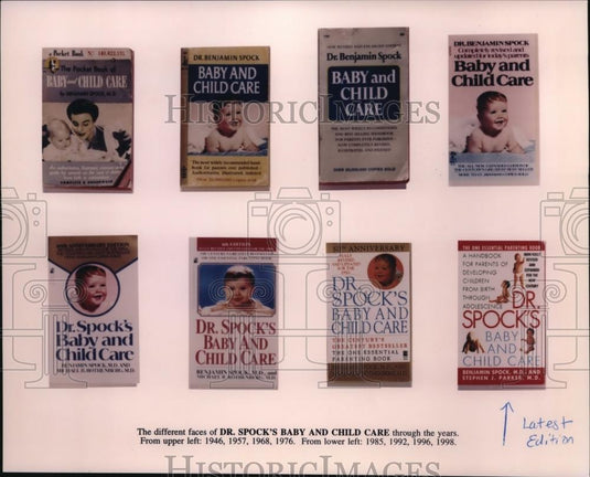 1998 Press Photo Dr. Benjamin Spock, author, different faces of Dr, Spock's Baby - Historic Images