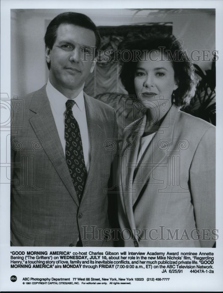 1991 Press Photo Charles Gibson and Annette Bening on Good Morning America - Historic Images