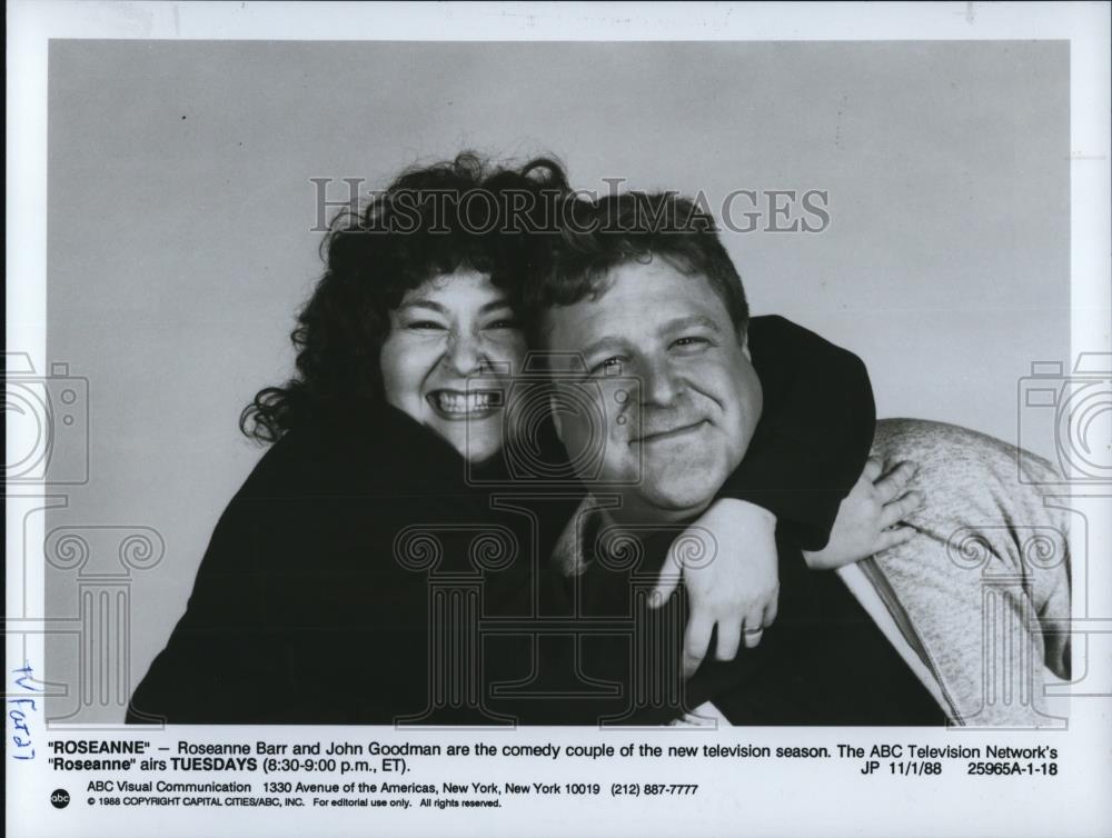 1988 Press Photo Roseanne Barr and John Goodman star in Roseanne TV show - Historic Images